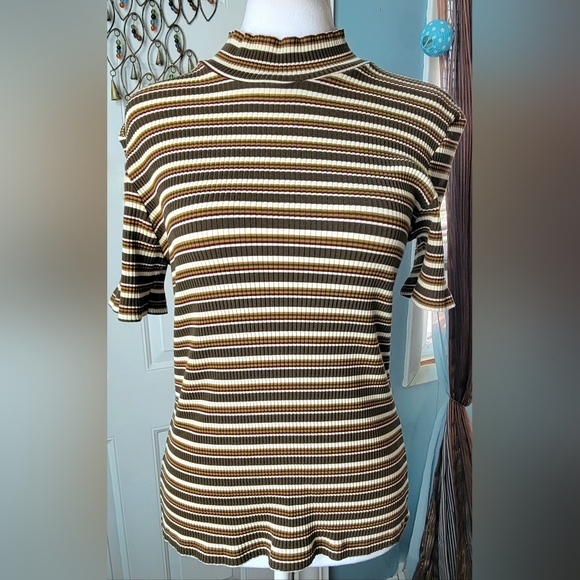 Palmetto'S Tops - 90s Striped Ruffled Moc Turtleneck Tee Womens L Brown Cream Green Ribbed Stretch